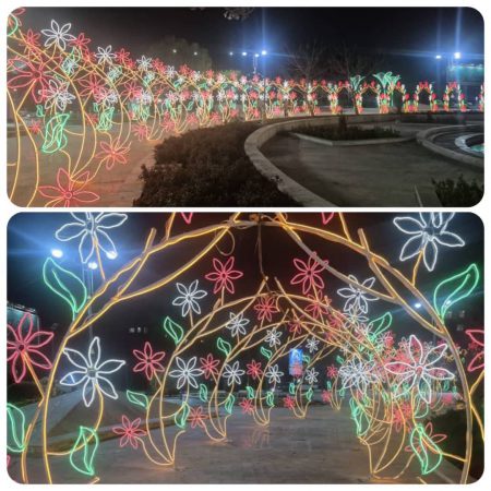 زیبایی گل‌های بهاری تونل نوری در بزرگ‌ترین میدان قبله تهران