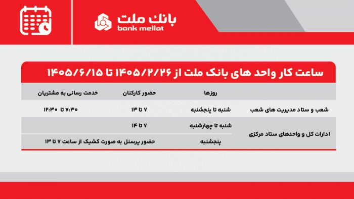 تغییر ساعت كار واحدهای بانك ملت از ۲۶ اردیبهشت